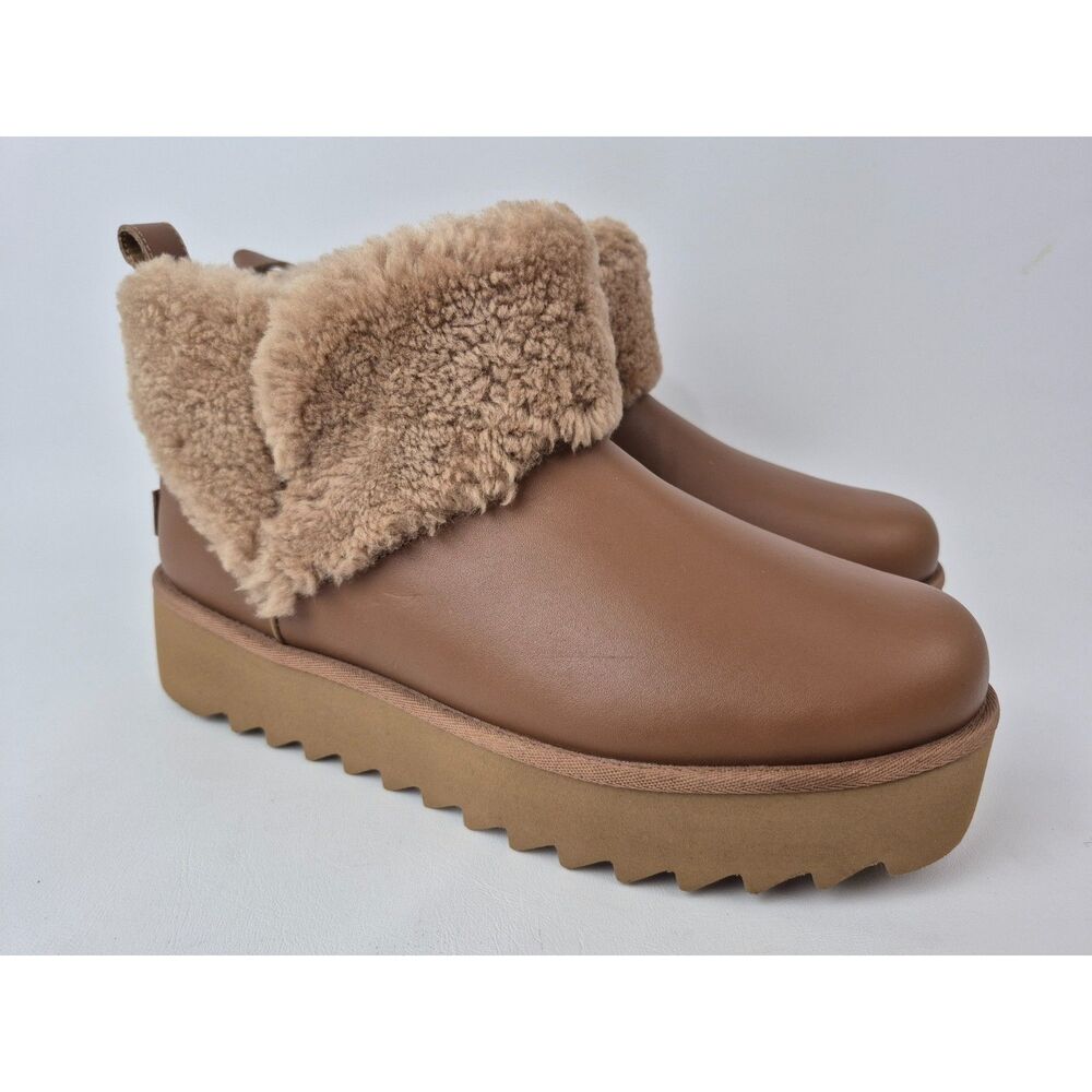 UGG Womens Brown Ultra Mini Alina Curled Genuine Shearling Platform Boot Size 12